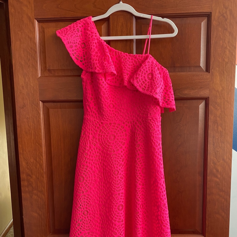 Hot pink Lilly Pulitzer one shoulder eyelet dress